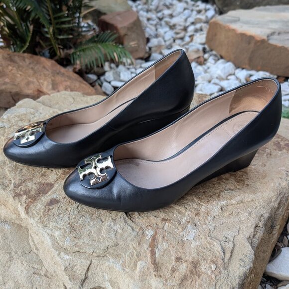 Tory Burch Black Wedges with Gold Accent Size 7 - Picture 2 of 6